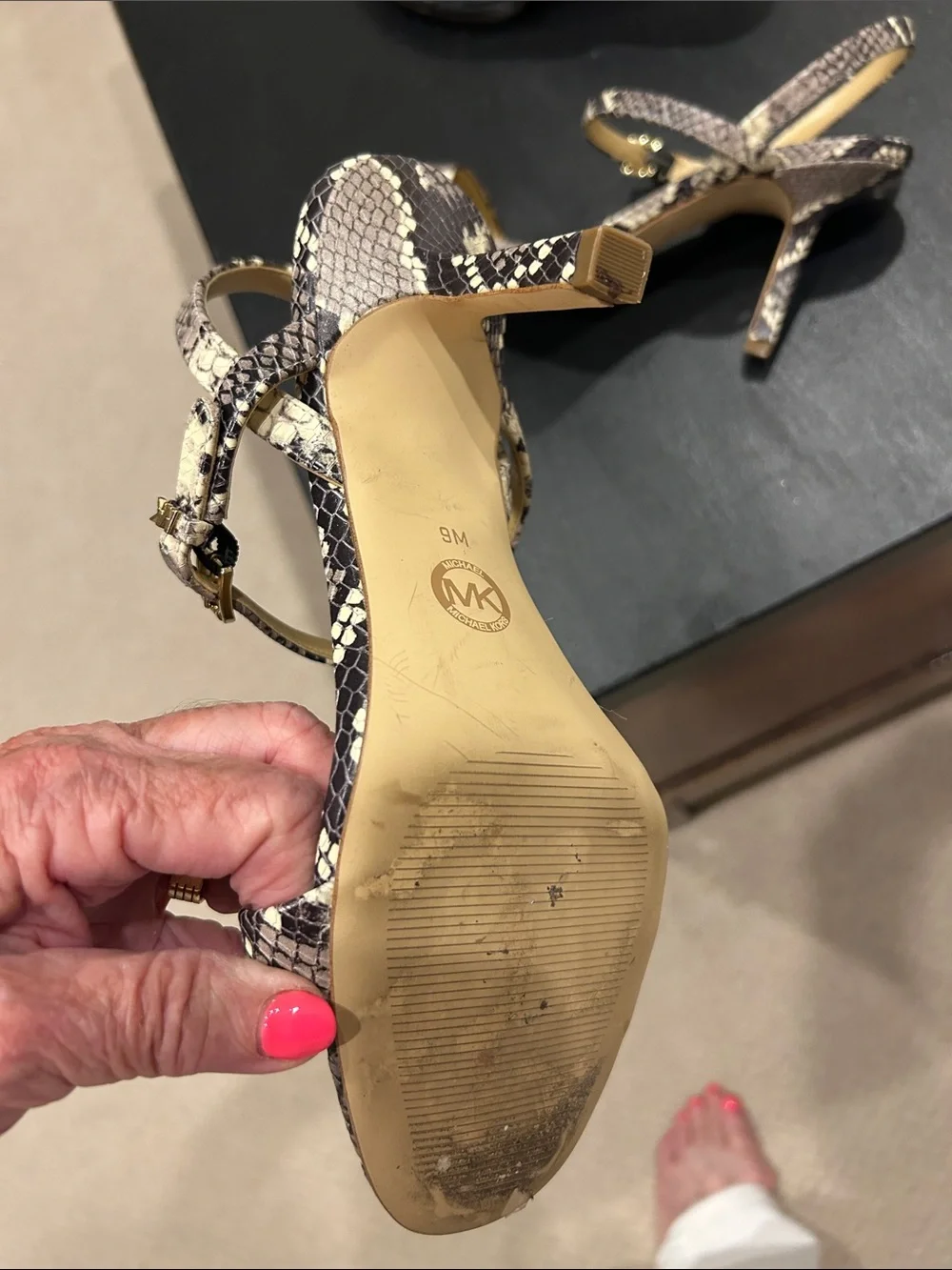 Michael Kors Snake-Print Strappy Heels in Beige and Black